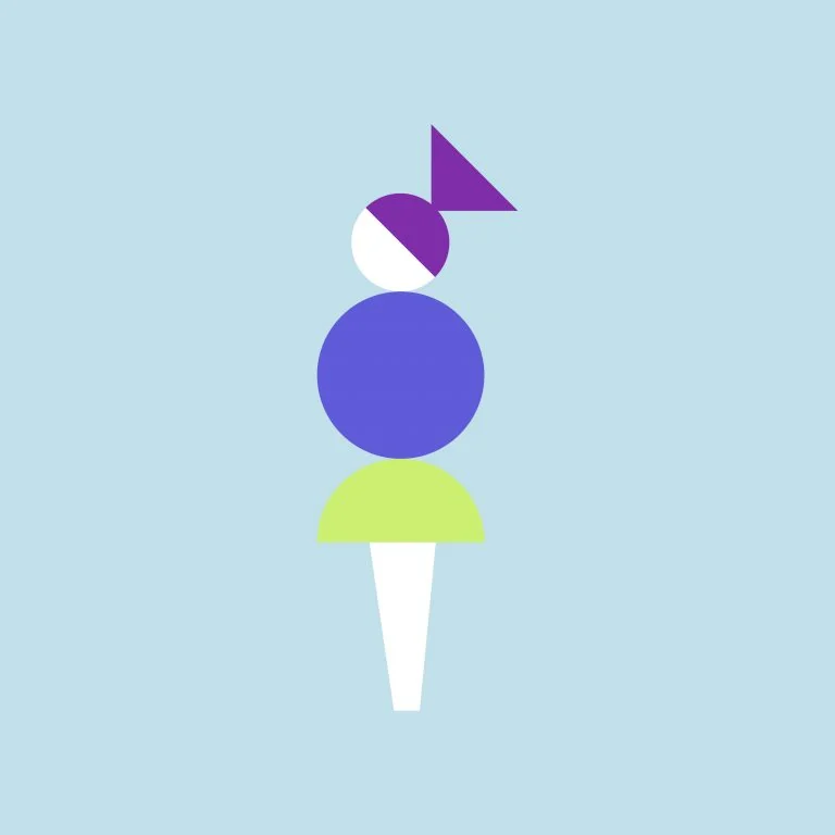 Geometric figure with a purple head and green skirt on pale blue