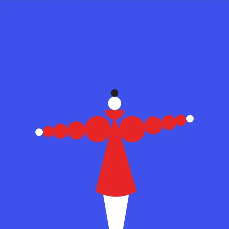 Figure in a red dress with outstretched arms on blue