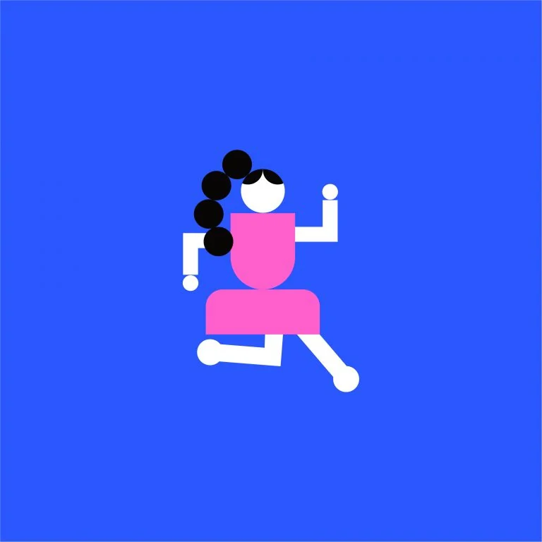 Curly-haired girl in pink running on blue