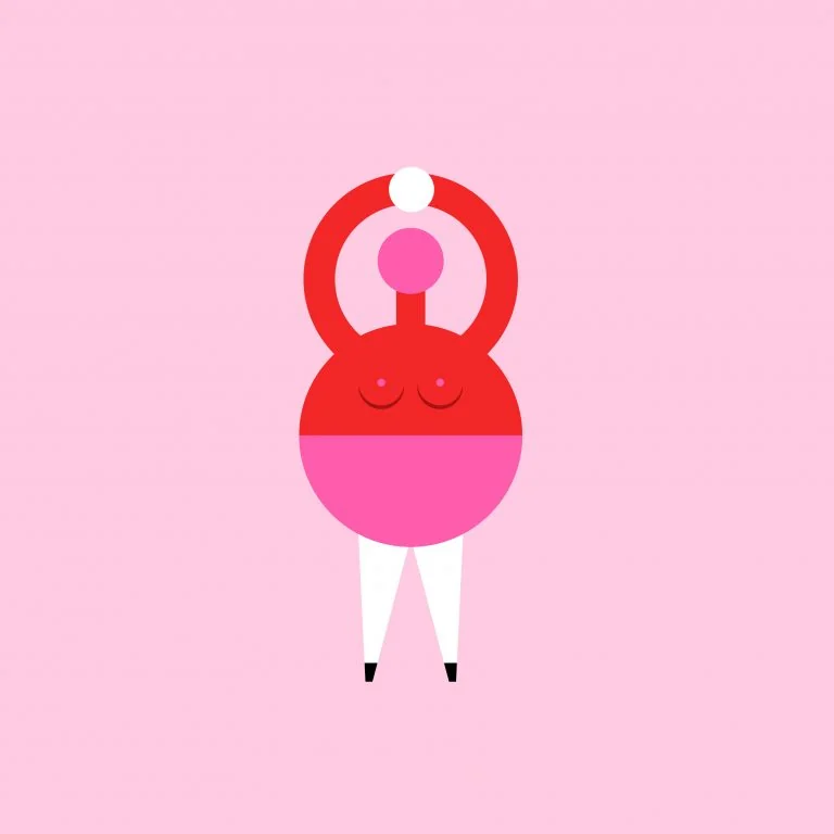 Figure holding a circle above her head on pink