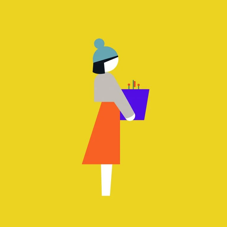 Woman in a blue hat carrying a purple basket on yellow