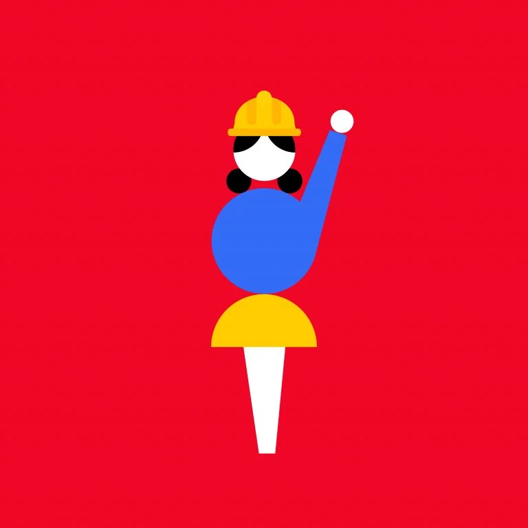 Waving figure in a yellow hat on red