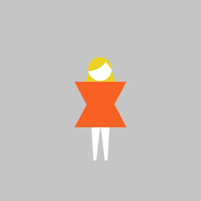 Girl in an orange dress on grey